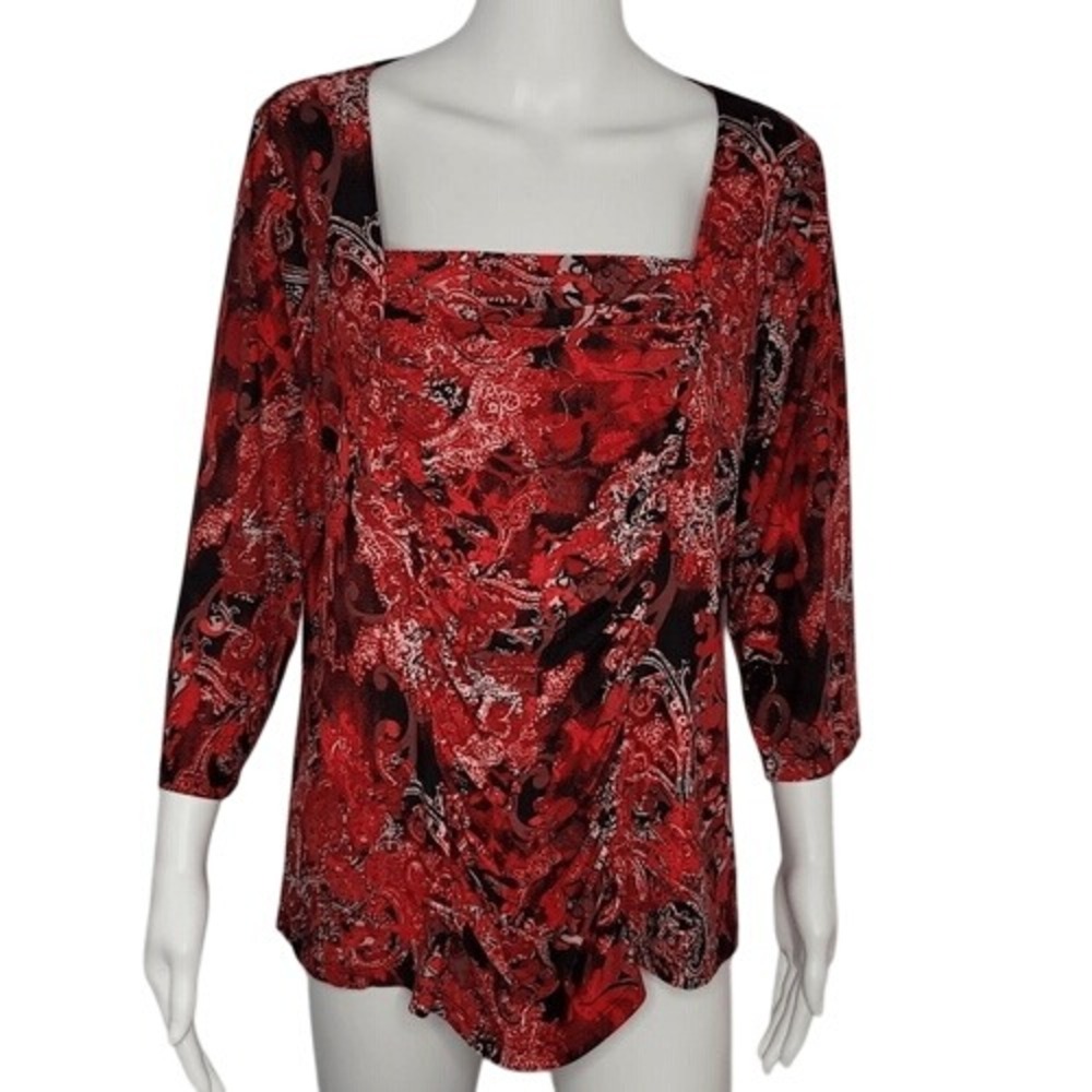 Dressbarn Red‎ Print Ruched Front Top